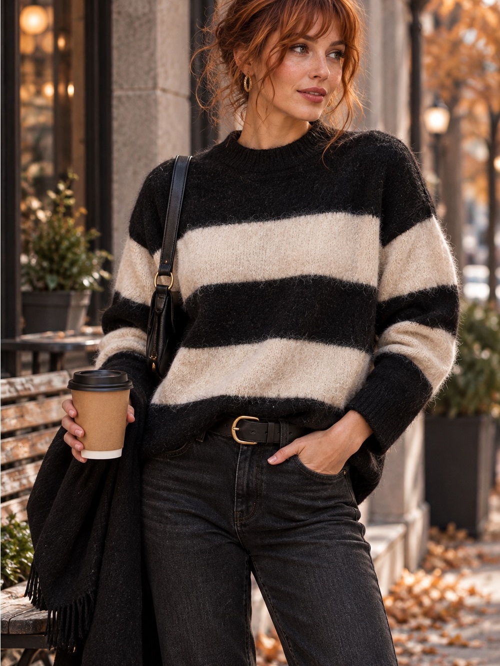 Stockholm Atelier Alpaca Sweater Black Beige Striped Cozy Fall Autumn